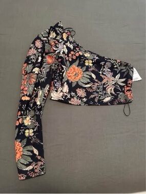 Zara Black Floral One-Shoulder Crop Top with Pink & Orange Accents
